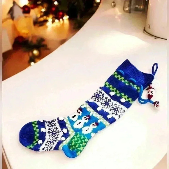 VTG Knit Christmas Stocking Snowman Blue Green Snowman Tassels Crochet Yarn - Picture 2 of 9